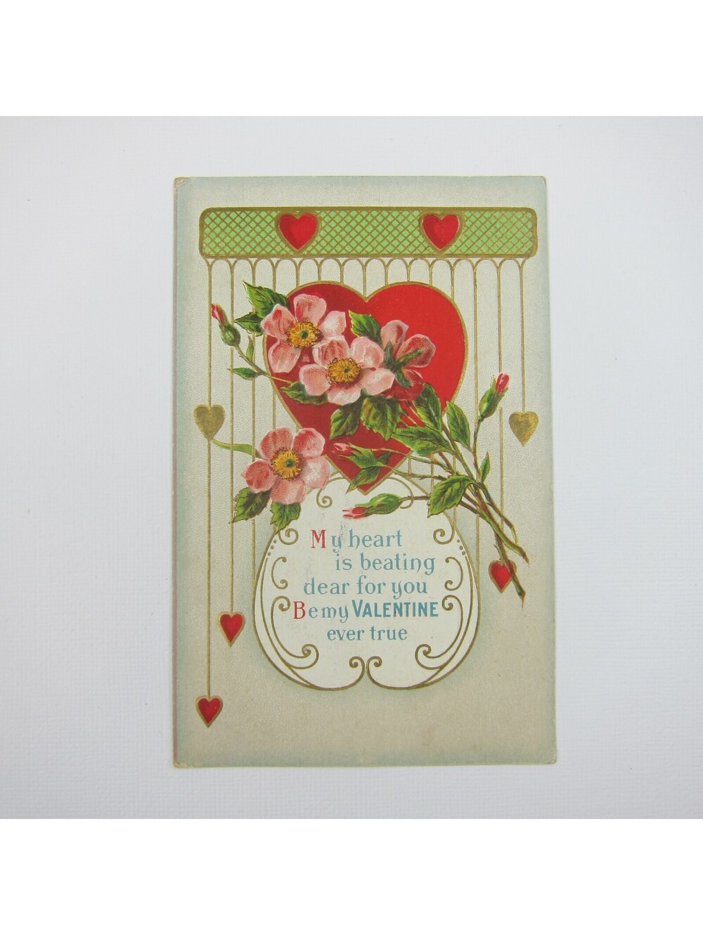 Postcard Valentine Red Hearts & Pink Flowers Green & Gold Embossed Antique 1915